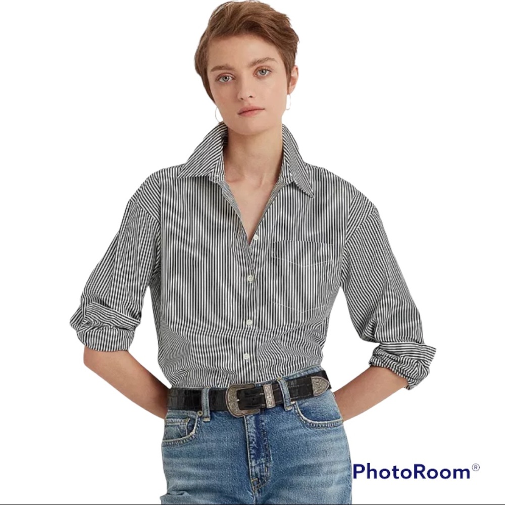 Lane Bryant Black & White Striped Button Down Blouse.